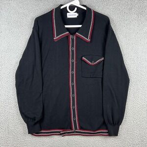 OXKNITSTORE Mens Black Knit Button Down Polo Cardigan Sweater Red White Trim M
